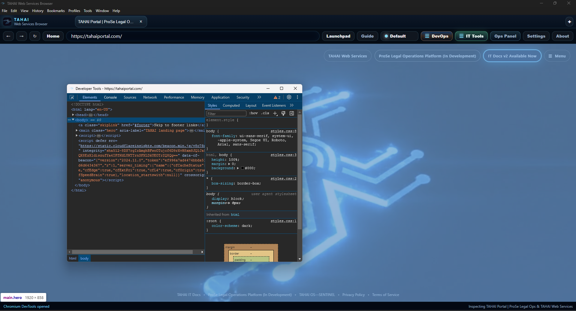 TAHAI Browser showing standard Chromium DevTools opened with F12