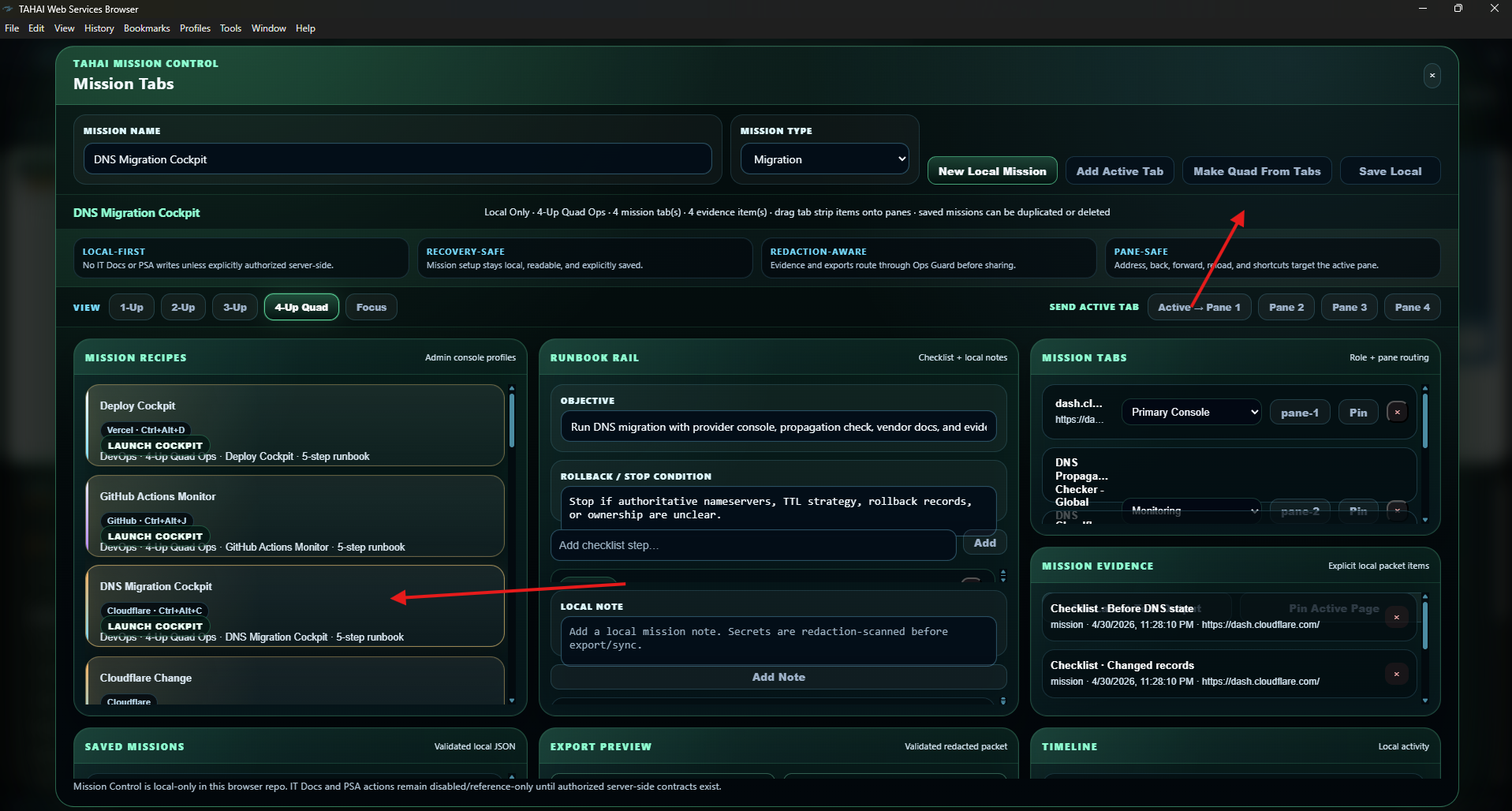 TAHAI Browser Mission Tabs setup for DNS Migration Cockpit